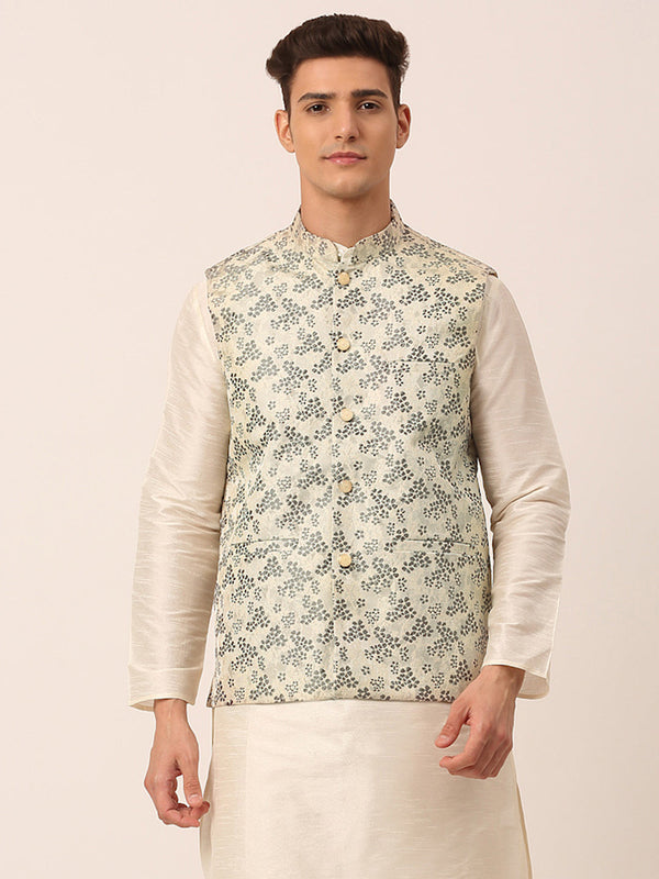 Men's Grey Floral Design Nehru Jacket.