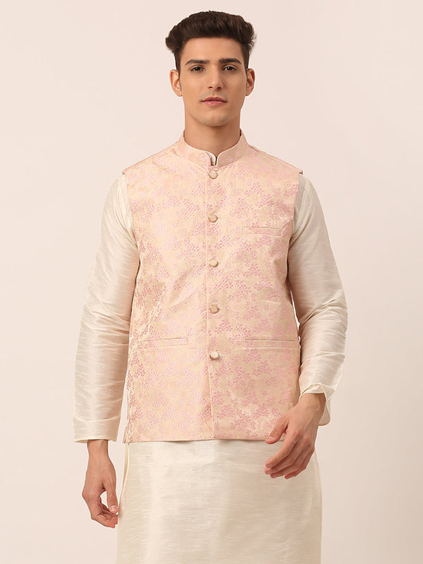 Men's Pink Floral Design Nehru Jacket.