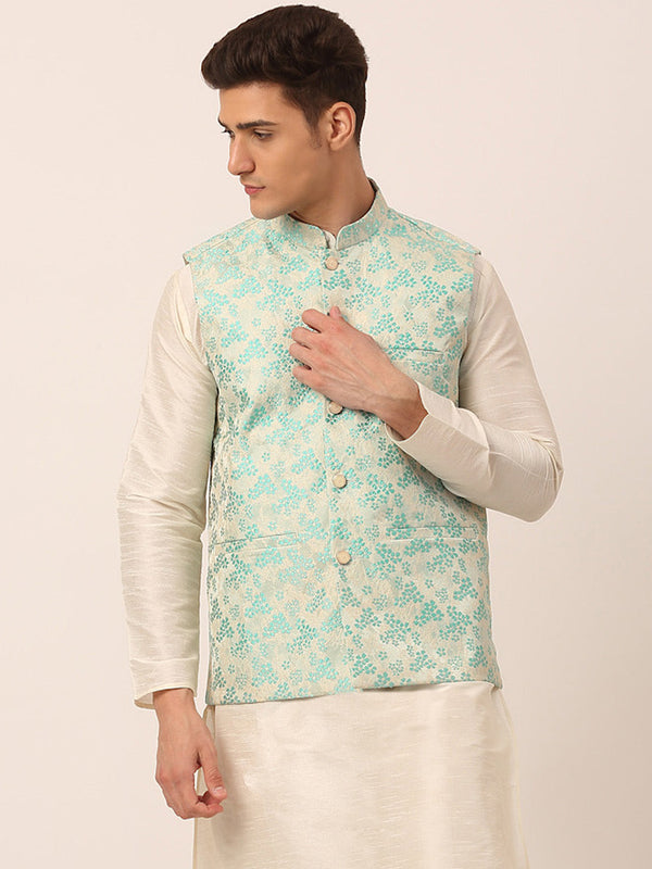 Men's Sky Blue Floral Design Nehru Jacket.