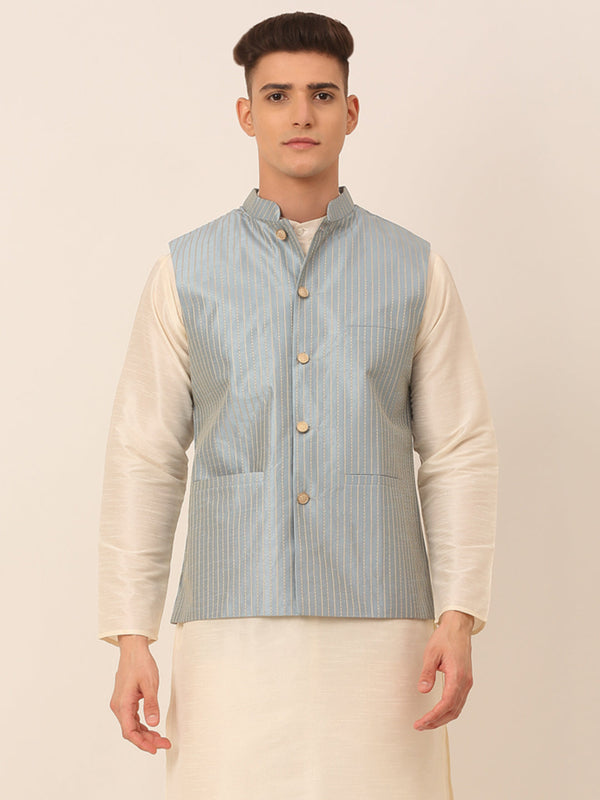 Men's Blue & Golden Embroidered Nehru Jackets ( Jowc 4043 Blue ) - Virat Fashions