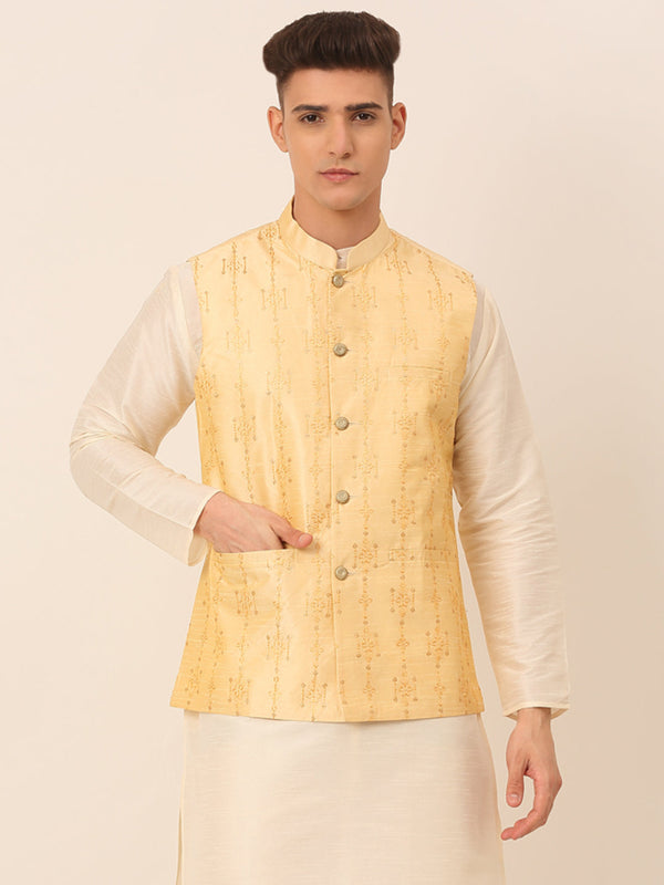 Men's Golden Embroidered Woven Nehru Jackets ( Jowc 4044 Golden ) - Virat Fashions