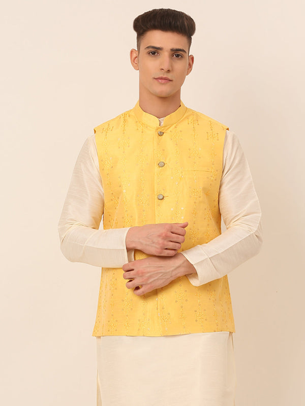 Men's Yellow Embroidered Woven Nehru Jackets ( Jowc 4044 Yellow ) - Virat Fashions