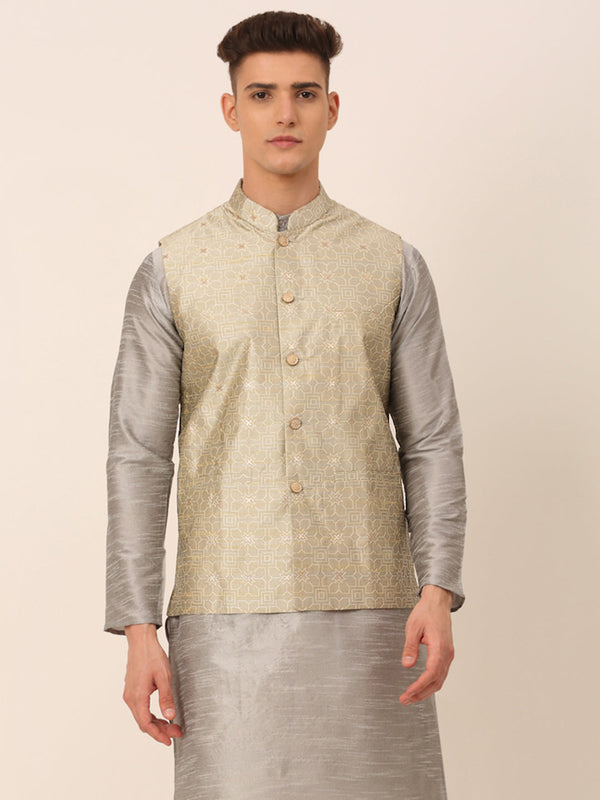 Men Beige & Golden Woven Design Nehru Jackets-JOWC_4045Beige