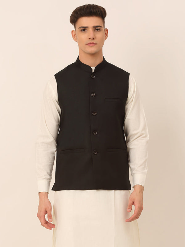 Men Black Solid Woven Sleeveless Nehru Jackets