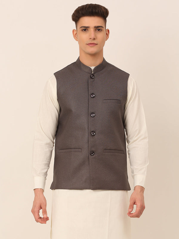 Men's Charcoal Grey Solid Woven Sleeveless Nehru Jackets ( Jowc 4046 Charcoal ) - Virat Fashions