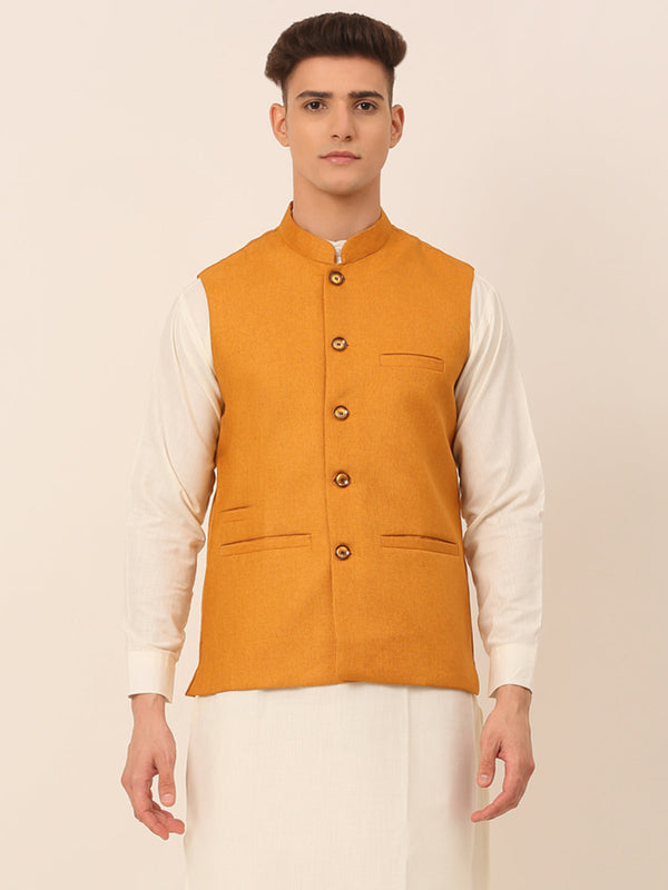 Men Mustard Solid Woven Sleeveless Nehru Jackets