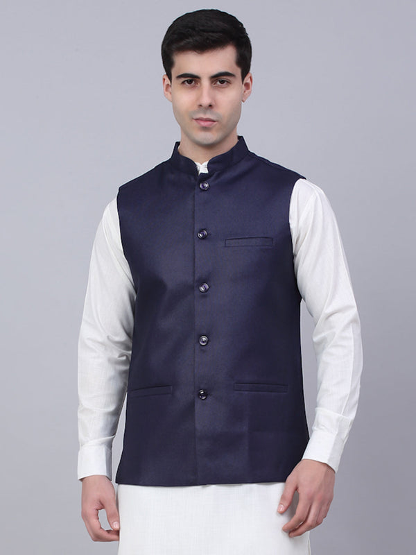 Men's Navy Blue Solid Woven Sleeveless Nehru Jackets ( Jowc 4046 Navy ) - Virat Fashions