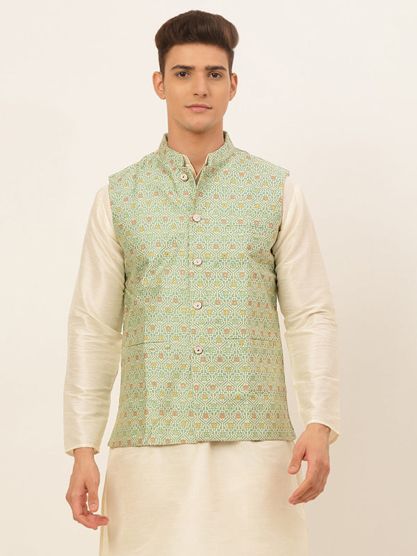 Men's Green Embroidered Nehru Jacket ( Jowc 4047 Green ) - Virat Fashions