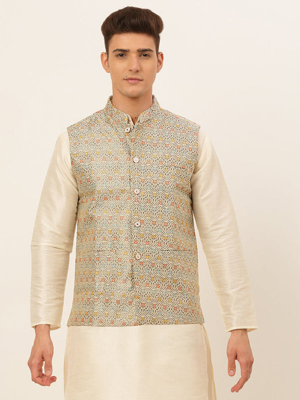 Men's Grey Embroidered Nehru Jacket ( Jowc 4047 Grey ) - Virat Fashions