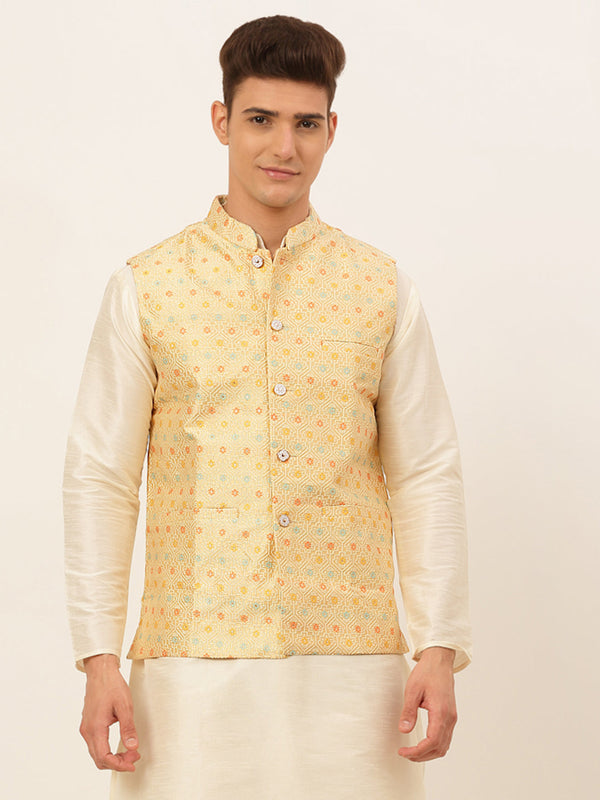 Men Yellow Embroidered Nehru Jacket