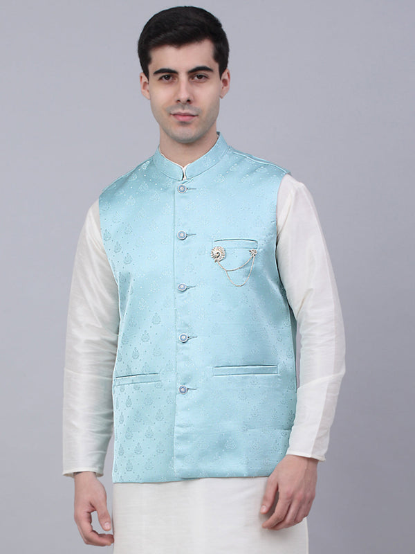 Men's Sky Blue Woven Design Waistcoats