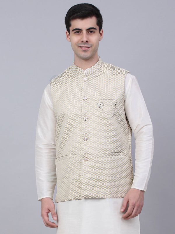 Men's Beige Woven Design Waistcoats