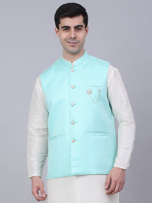 Men's Sky Blue Woven Design Waistcoats