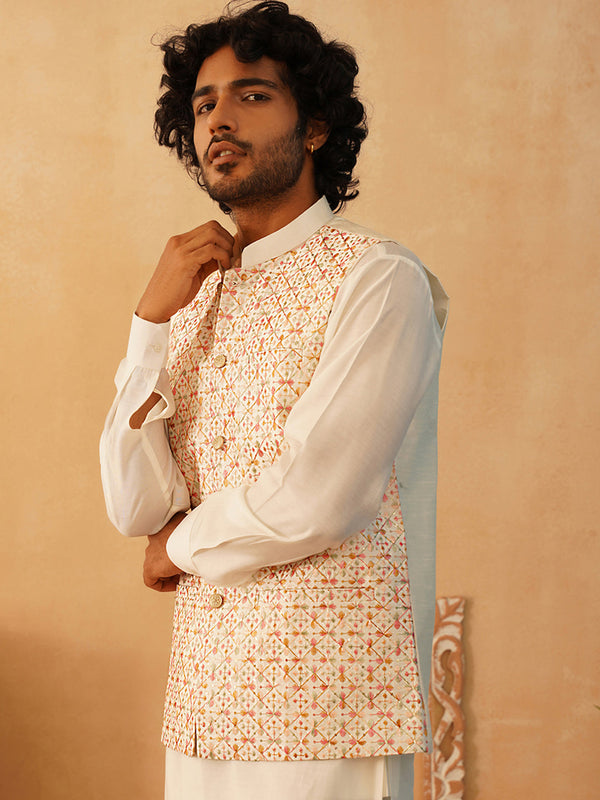 Embroidered With Sequin Silk Blend Nehru Jacket