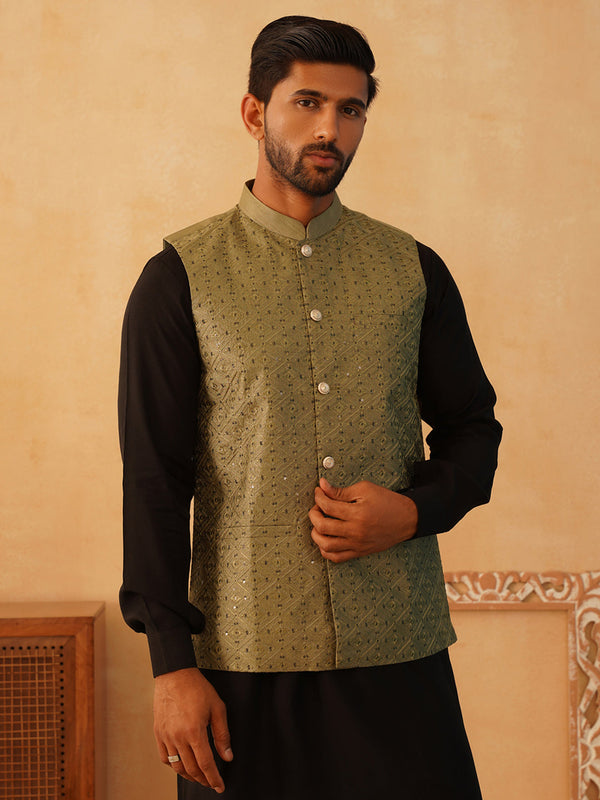 Embroidered With Sequin Silk Blend Nehru Jacket