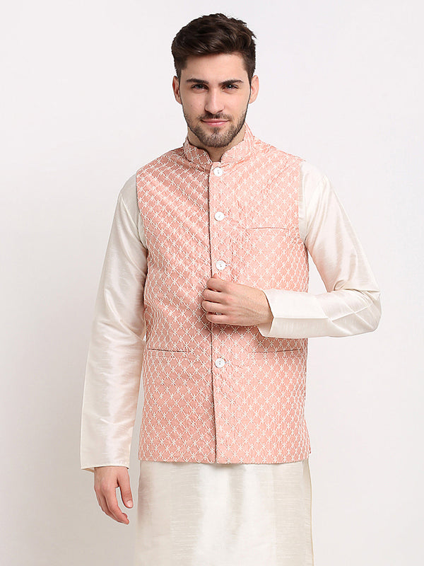 Jashvi Men's Peach Peach and White Embroidered Nehru Jacket