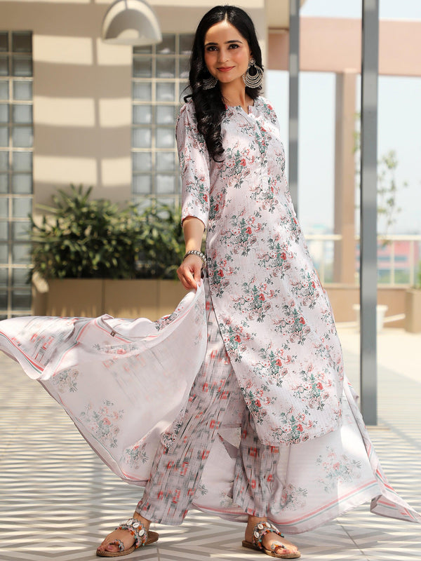 Grey Printed Cotton Straight Suit With Dupatta