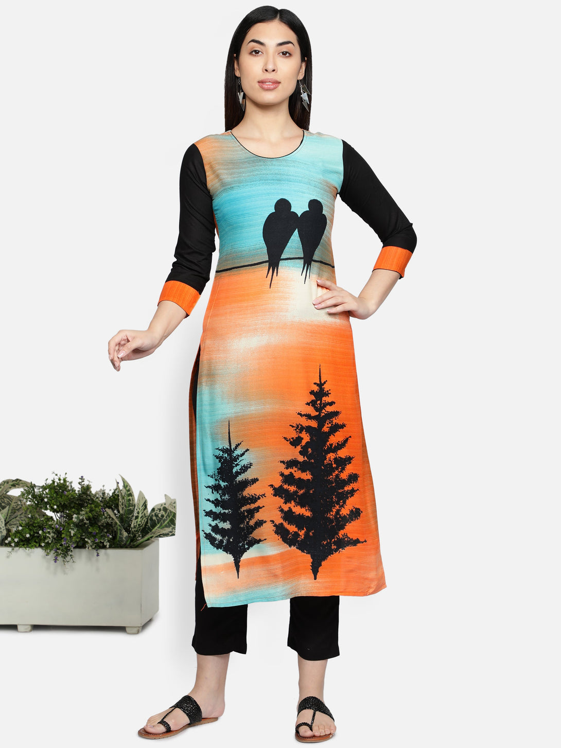 Women's Orange Color Rayon Blend Straight Printed Kurta - Vaaba