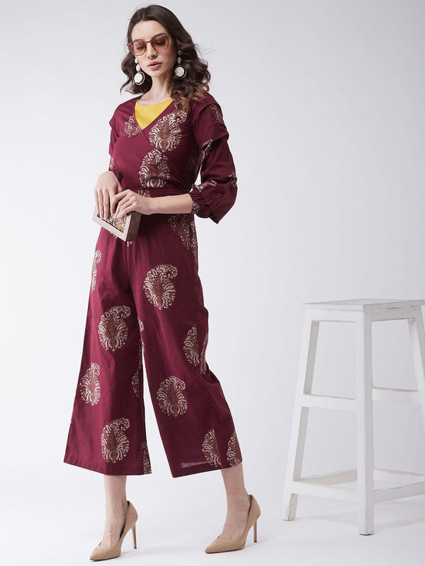 Women's Maroon Foil Printed Jumpsuit - Pannkh