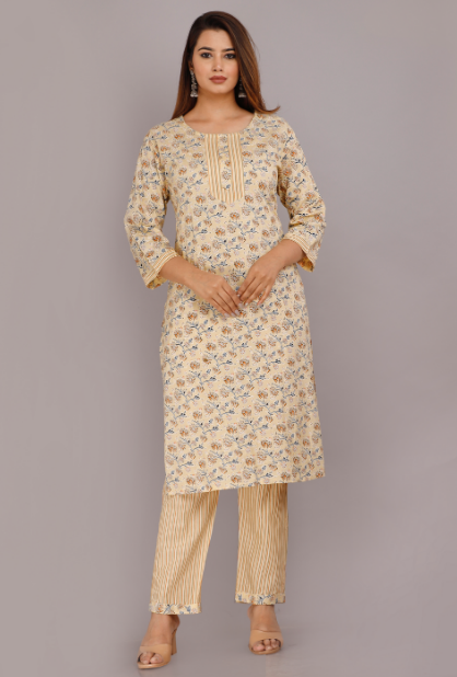 Women's Cream Viscose Rayon Round Neck Kurta Pant And Dupatta Set - Girbana