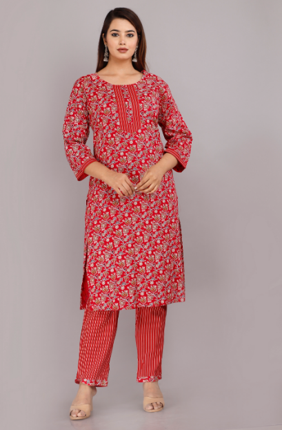 Women's Red Viscose Rayon Round Neck Kurta Pant And Dupatta Set - Girbana