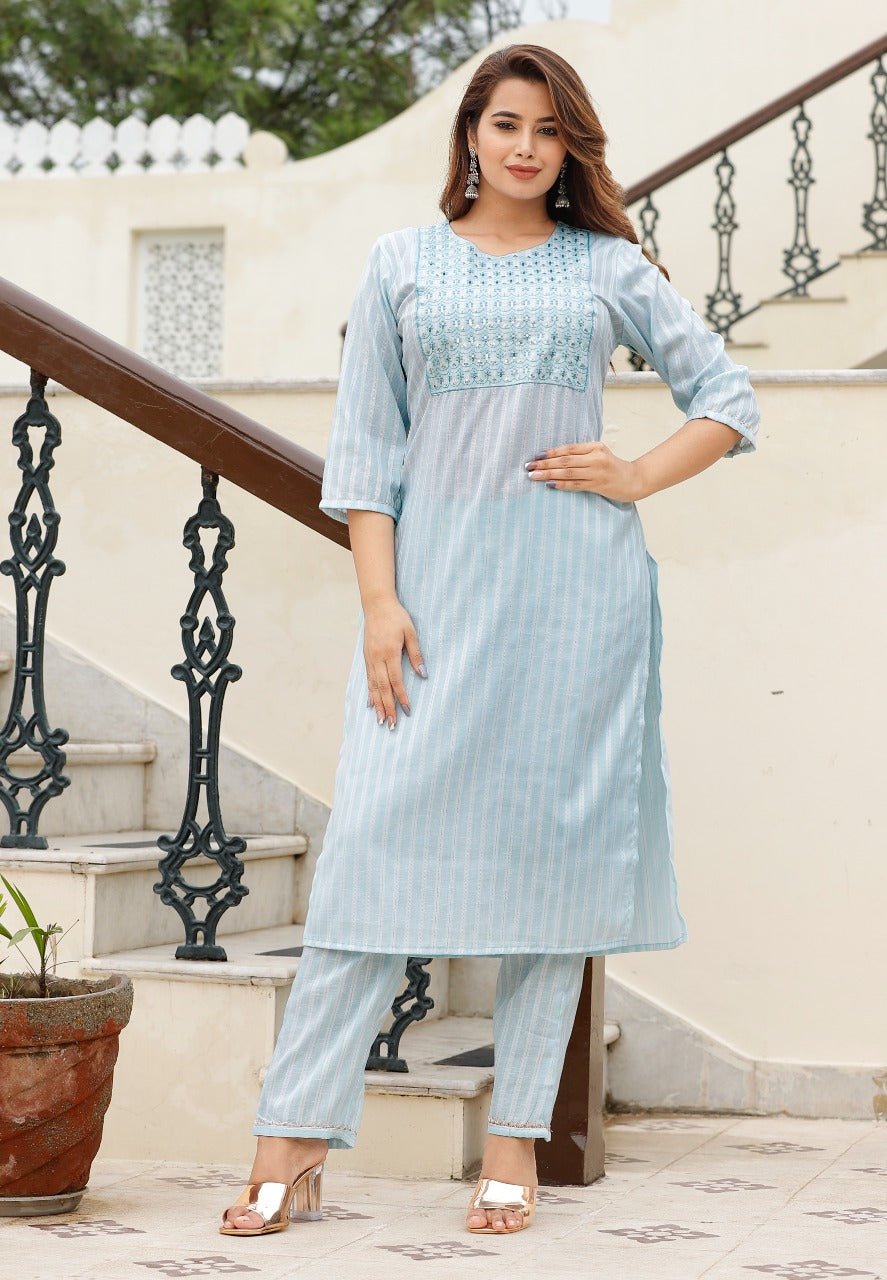 Women's Turquoise Blue Viscose Rayon Round Neck Kurta Pant Set - Girbana