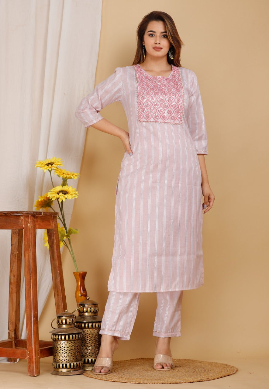 Women's Peach Viscose Rayon Round Neck Kurta Pant Set - Girbana