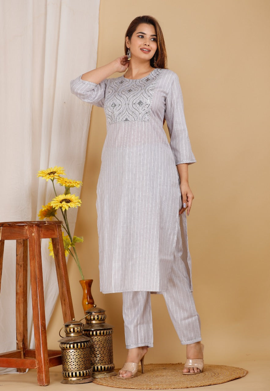 Women's Grey Viscose Rayon Round Neck Kurta Pant Set - Girbana