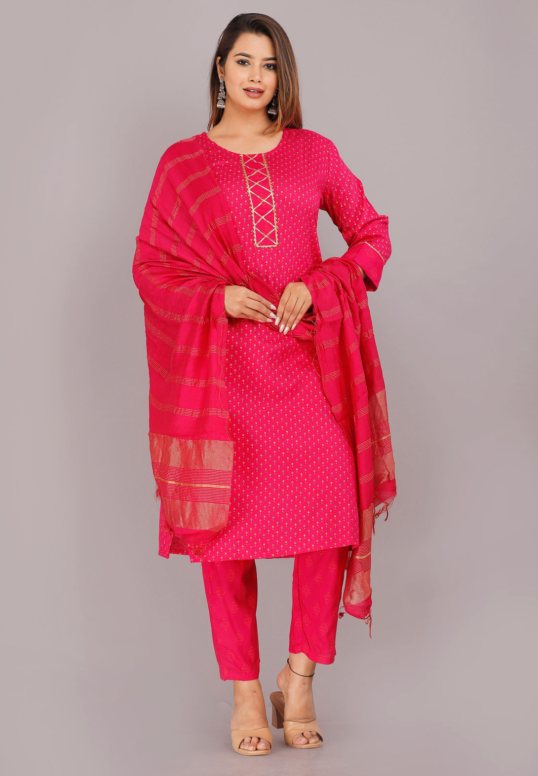 Women's Pink Viscose Rayon Round Neck Kurta Pant And Dupatta Set - Girbana