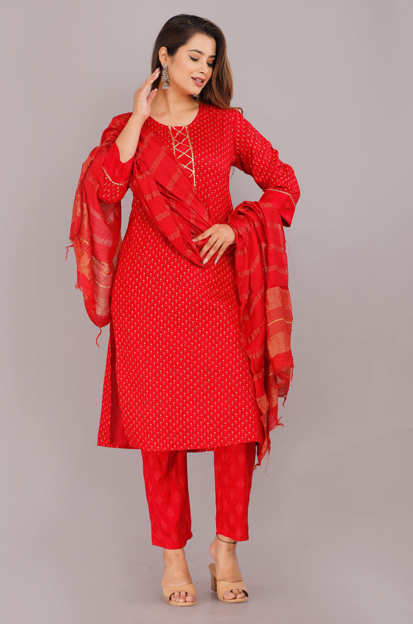 Women's Red Viscose Rayon Round Neck Kurta Pant And Dupatta Set - Girbana