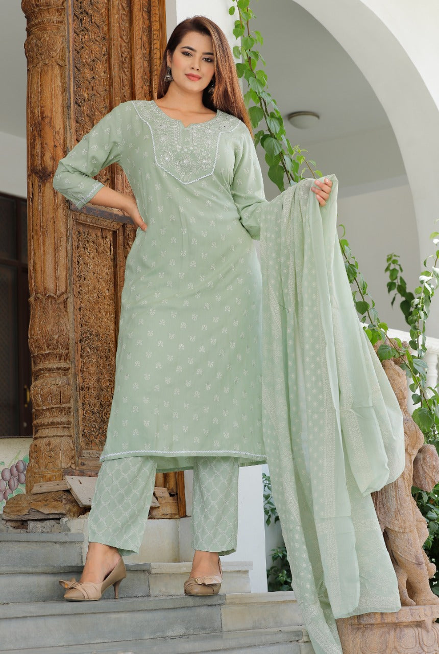 Women's Sea Green Viscose Rayon Round Neck Kurta Pant And Dupatta Set - Girbana