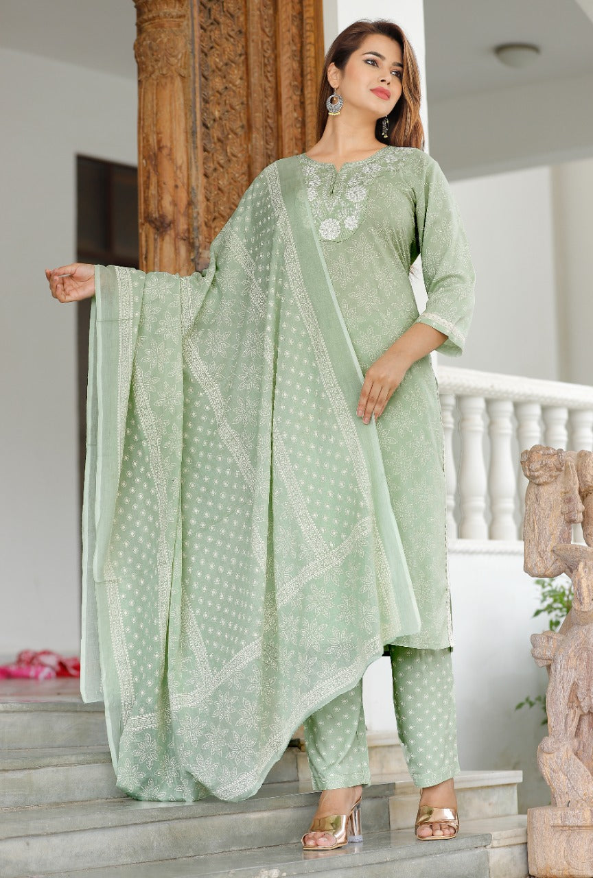 Women's Sea Green Viscose Rayon Round Neck Kurta Pant And Dupatta Set - Girbana