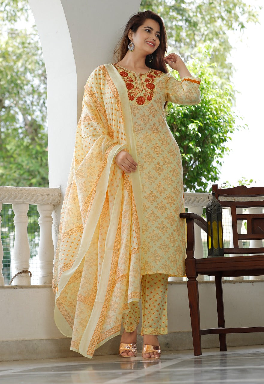 Women's Yellow Viscose Rayon Round Neck Kurta Pant And Dupatta Set - Girbana