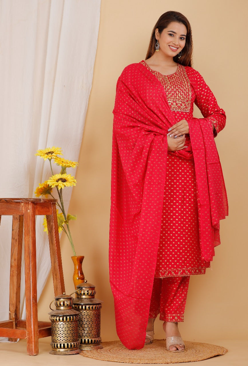 Women's Red Viscose Rayon Round Neck Kurta Pant And Dupatta Set - Girbana