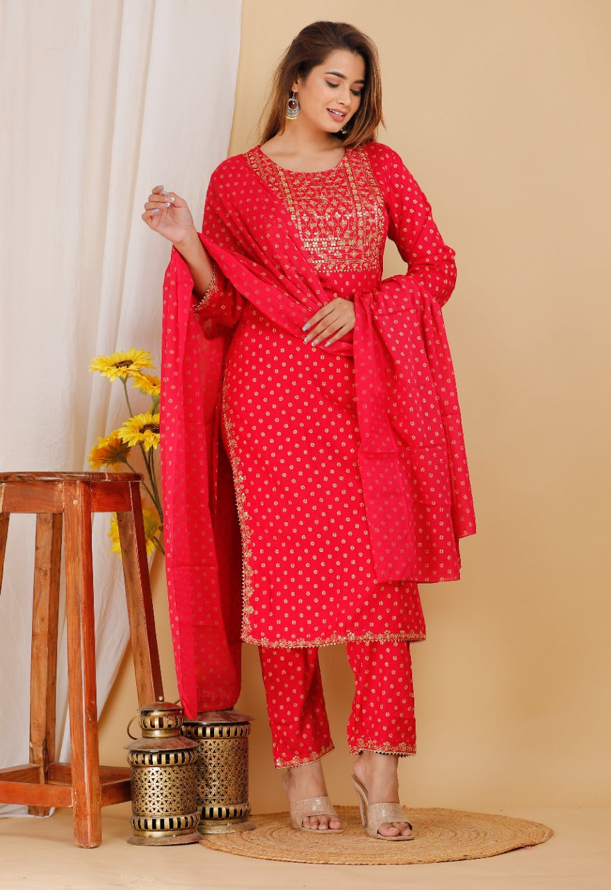 Women's Red Viscose Rayon Round Neck Kurta Pant And Dupatta Set - Girbana