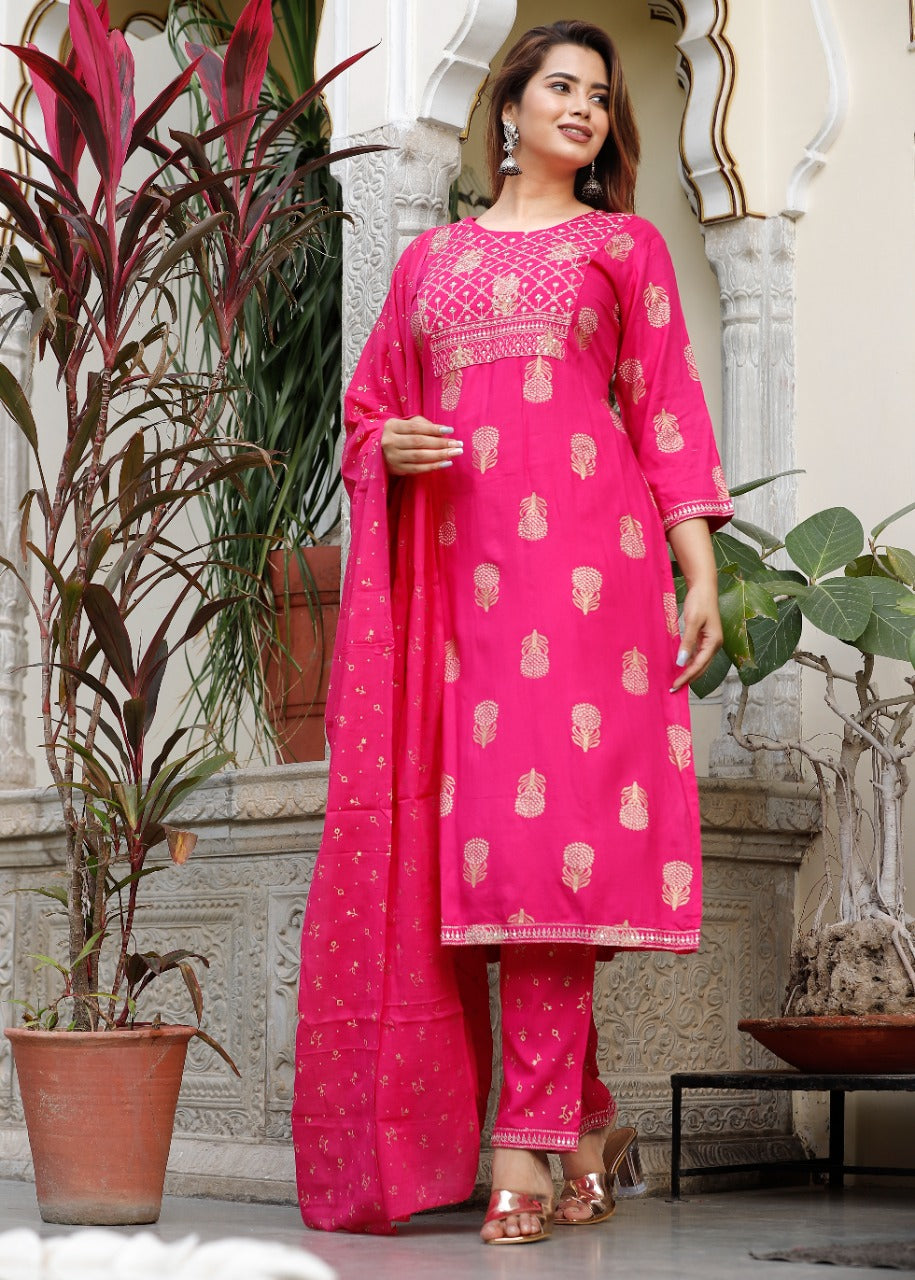 Women's Pink Viscose Rayon Round Neck Kurta Pant And Dupatta Set - Girbana