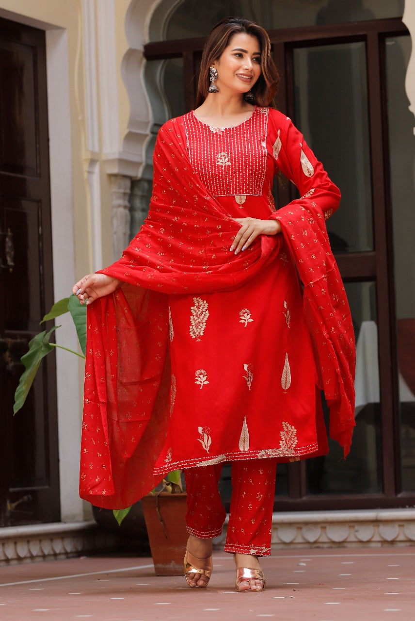 Women's Red Viscose Rayon Round Neck Kurta Pant And Dupatta Set - Girbana