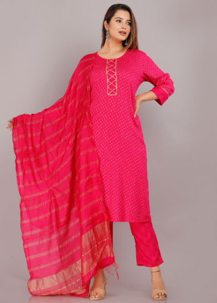 Women's Pink Viscose Rayon Round Neck Kurta Pant And Dupatta Set - Girbana