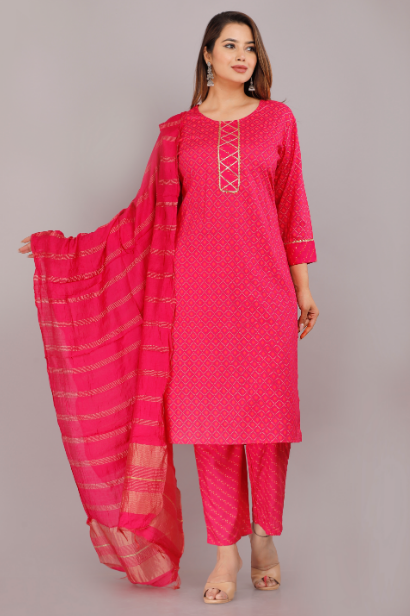 Women's Pink Viscose Rayon Round Neck Kurta Pant And Dupatta Set - Girbana