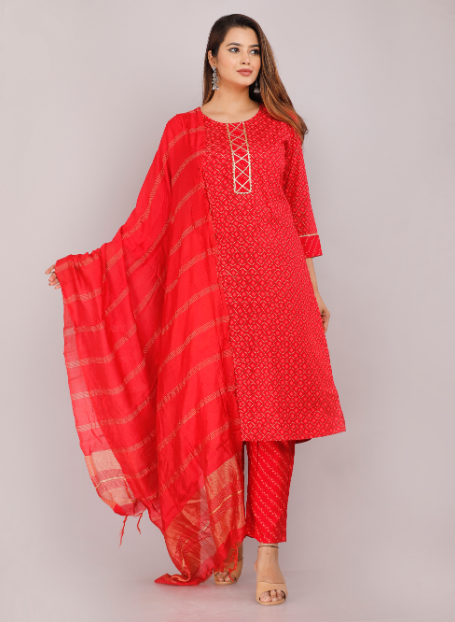 Women's Red Viscose Rayon Round Neck Kurta Pant And Dupatta Set - Girbana