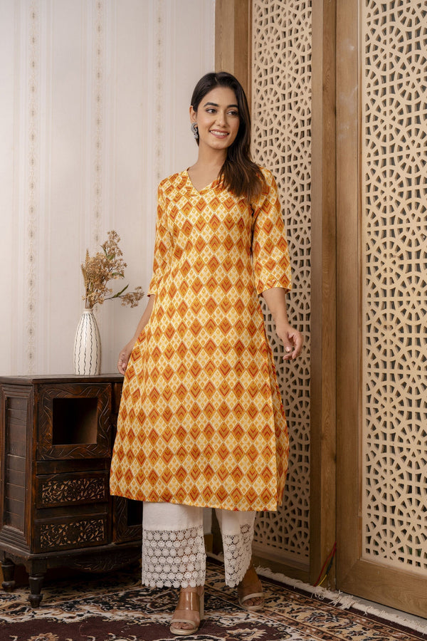 Women's Yellow Printed Straight Kurta with Three Quarter Sleeves - Taantav