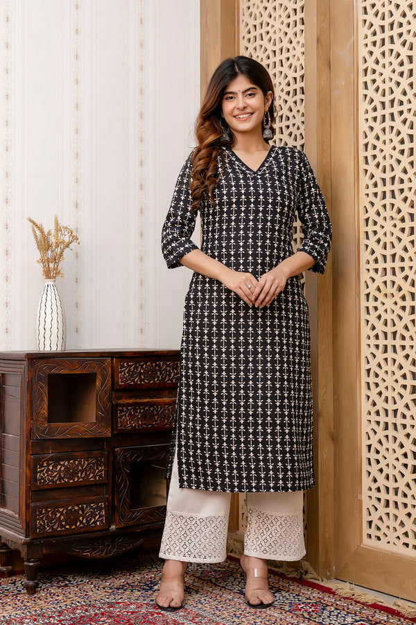 Women's Black Printed Straight Kurta with Three Quarter Sleeves - Taantav