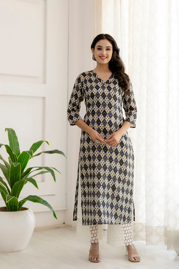 Women's Grey Printed Straight Kurta with Three Quarter Sleeves - Taantav