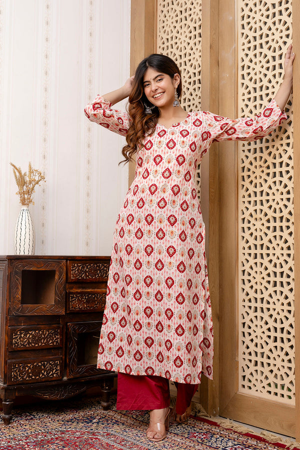 Women's Maroon and Off White Printed Straight Kurta - Taantav