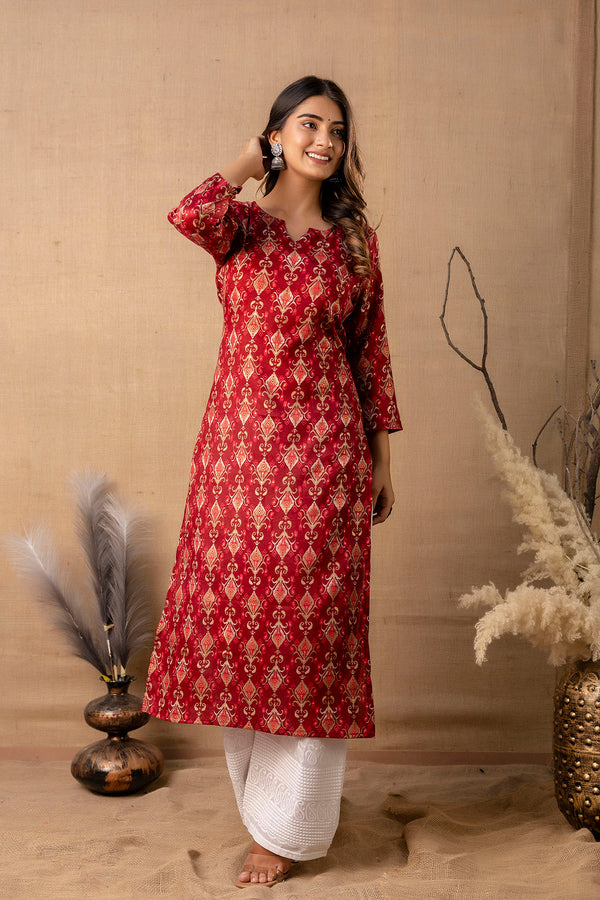 Women's Maroon Printed Straight Kurta - Taantav