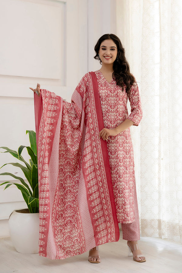 Women's Pink Printed Straight Kurta And Trouser With Dupatta - Taantav