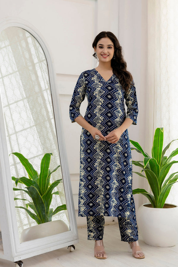 Women's Blue Printed Straight Kurta And Trouser - Taantav