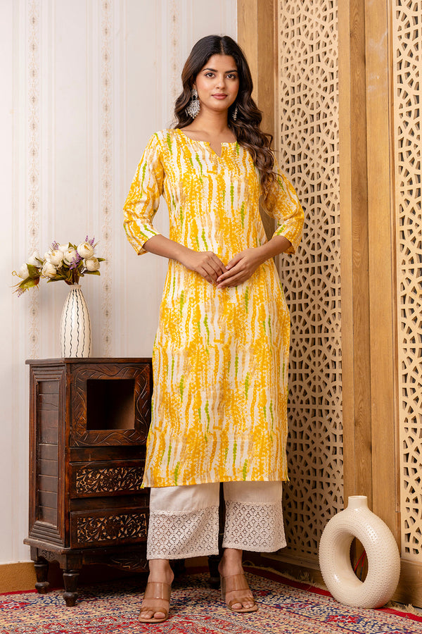 Women's Yellow Printed Straight Kurta with Three Quarter Sleeves - Taantav