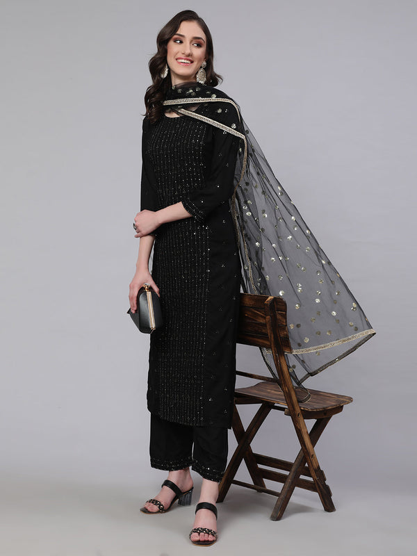 Women's Black Embroidered Straight Kurta With Palazzo And Net Dupatta - Taantav