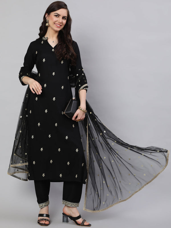 Women's Black Embroidered Straight Kurta With Trouser And Net Dupatta - Taantav